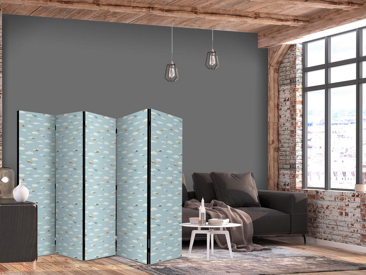 PARAVENT Akustik 5-tlg 225x172 cm Flugzeuge Wolken - Blau, Holz/Textil (225/172/3cm) - Muralo