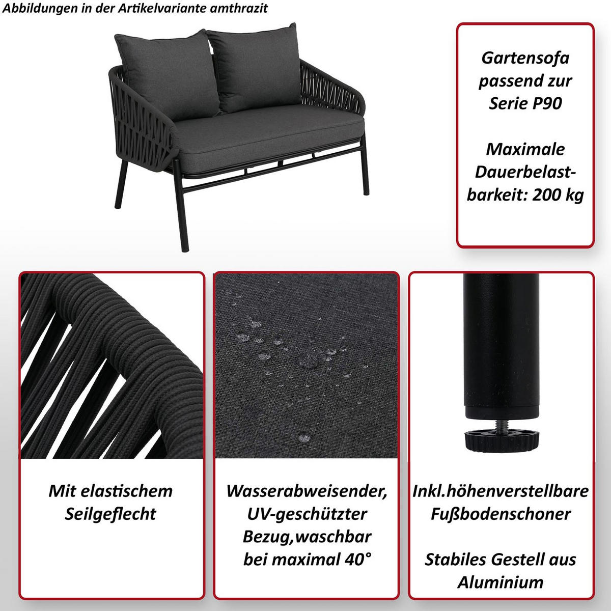 GARTENBANK Anthrazit - Anthrazit, Metall (116/83/65cm) - MCW