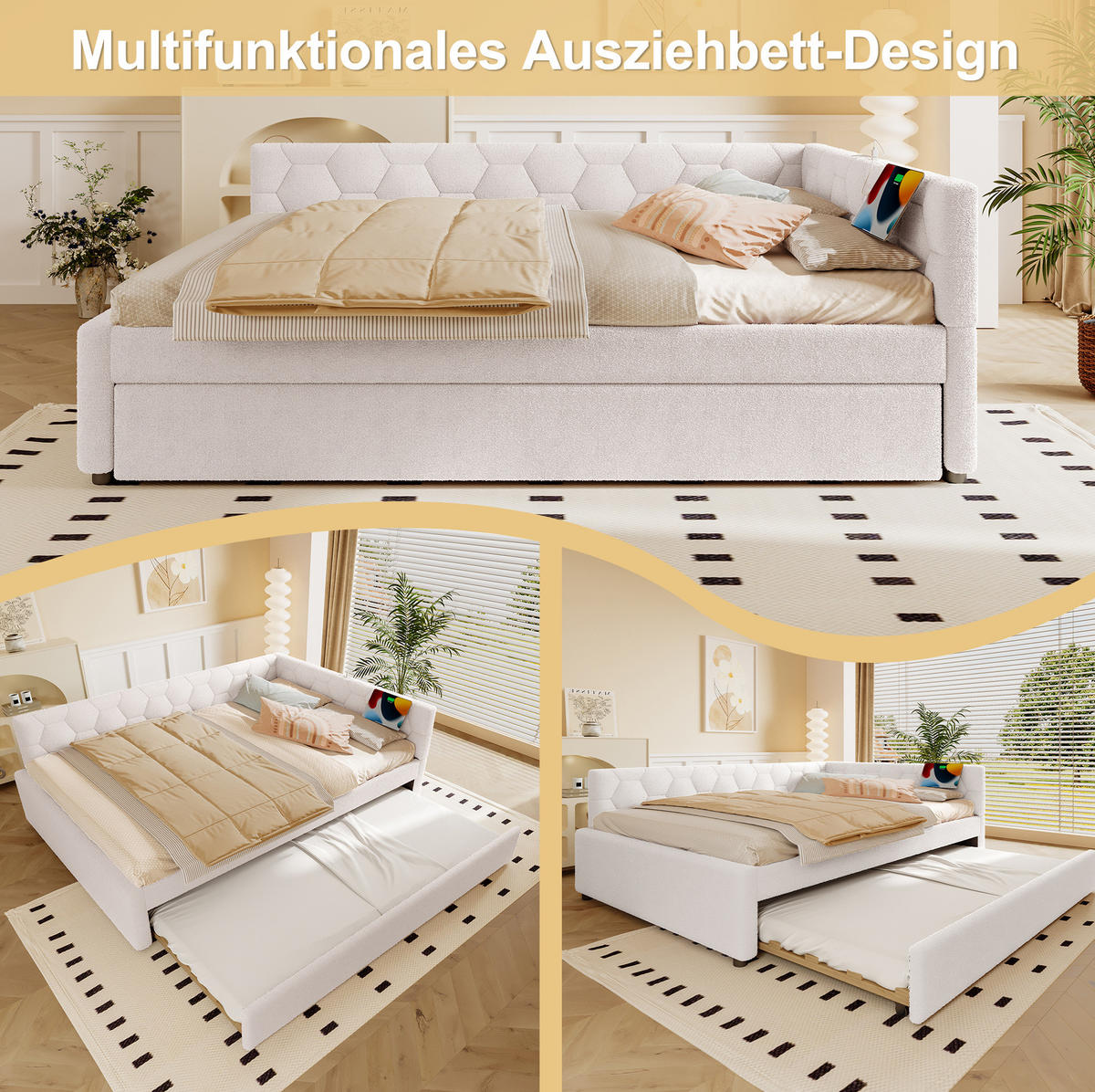 POLSTERBETT 140/200 cm mit Ausziehbett, USB und gepolstertem Kopfteil - Weiß, Textil (140/200cm) - BEAOK