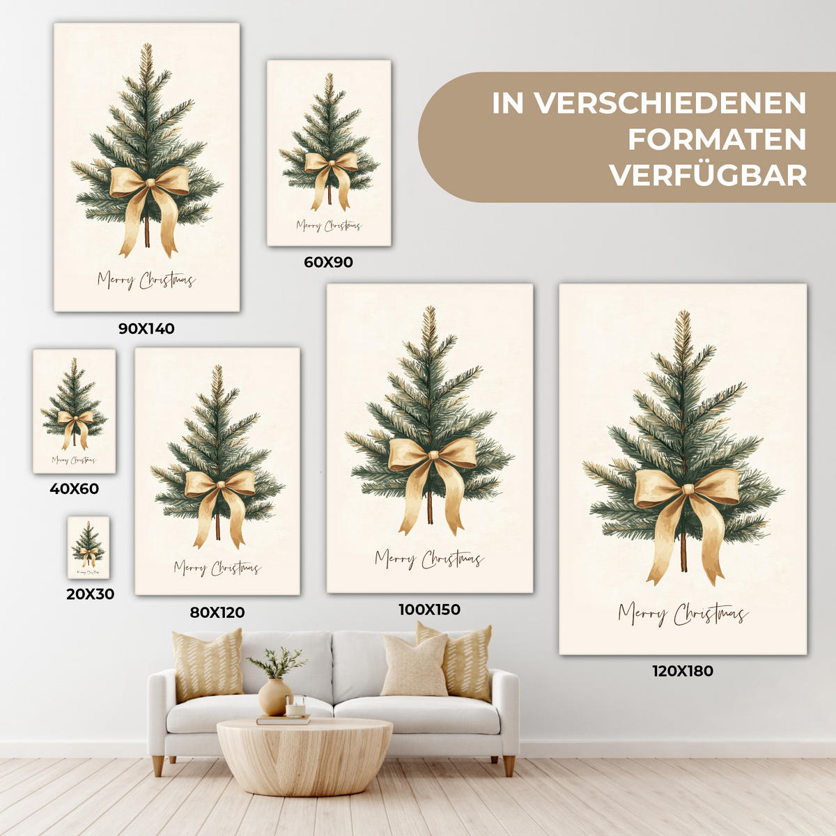 LEINWANDBILD Weihnachtsbaum - Weihnachten - Frohe Weihnachten - Beige 90x140 cm - Sandfarben, Textil (90/140cm) - MuchoWow