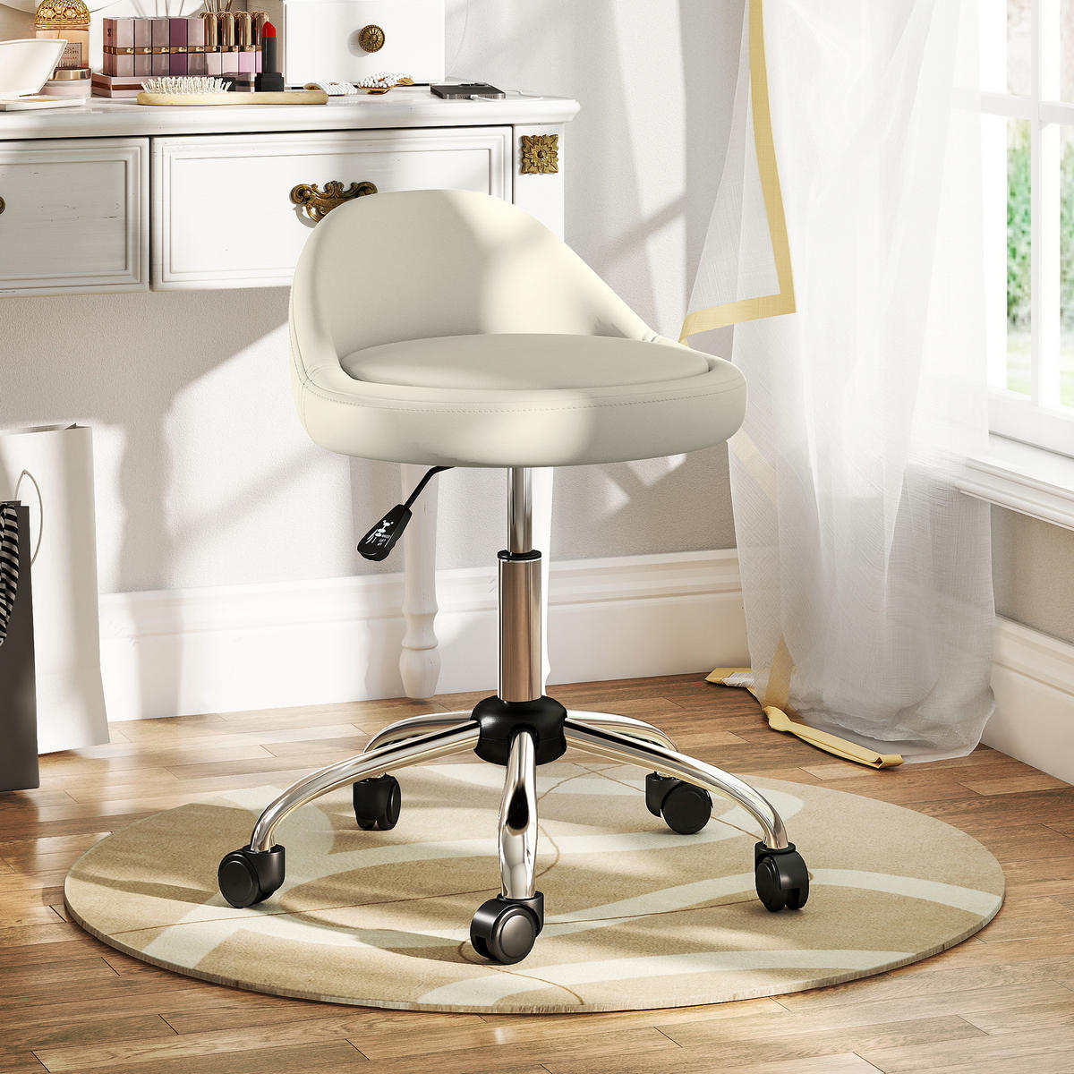 ROLLHOCKER Höhenverstellbarer Arbeitshocker 63-83 cm Drehhocker mit Rädern - Weiß, Kunststoff (35/83/35cm) - HOMCOM