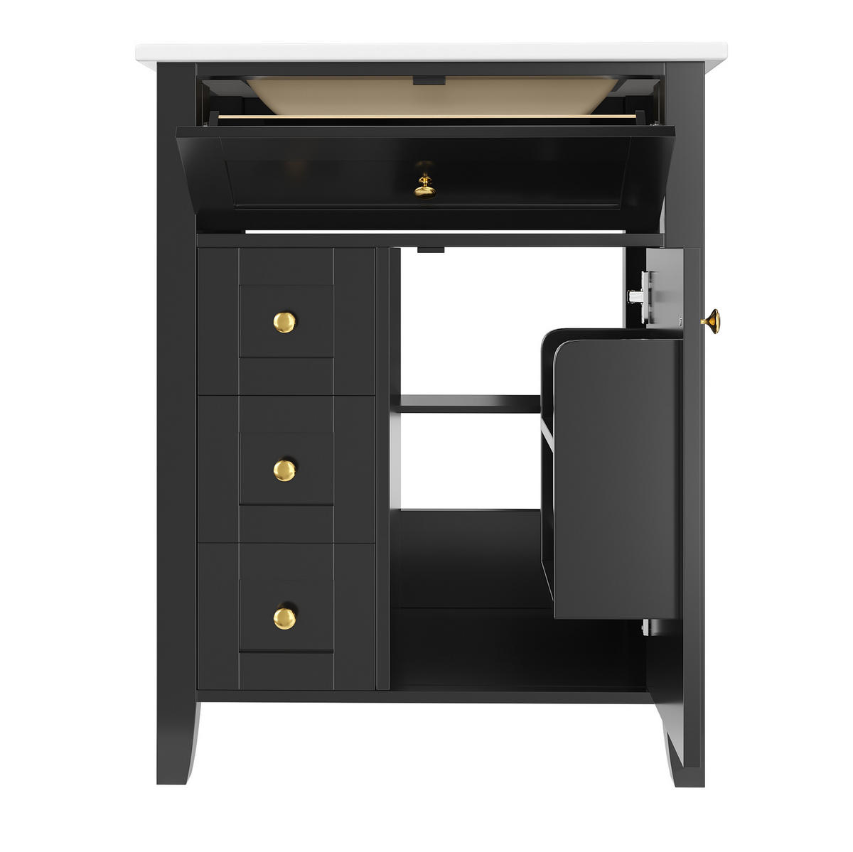 WASCHTISCHUNTERSCHRANK aus MDF und Keramik 61x47x86 cm Schwarz mit Stauraum, Soft-Close und Keramikwaschbecken - Schwarz, Keramik (61/86/47cm) - Modfu