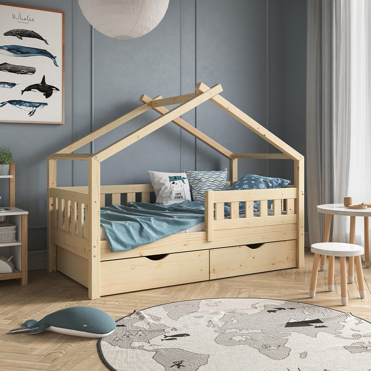 HAUSBETT Design Naturholz 80x160 cm mit 2 Schubladen und Matratze - Braun, Holz (80/160cm) - VitaliSpa
