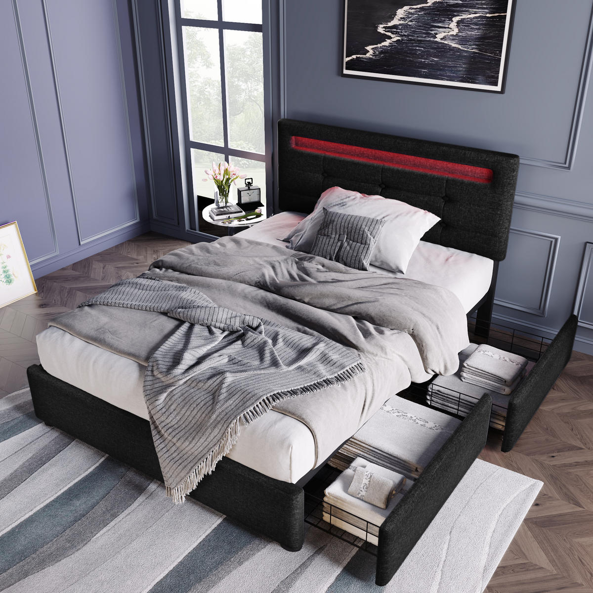 POLSTERBETT 90/200 cm schwarz mit LED-Beleuchtung und 2 Schubladen - Schwarz, Textil (90/200cm) - OKWISH