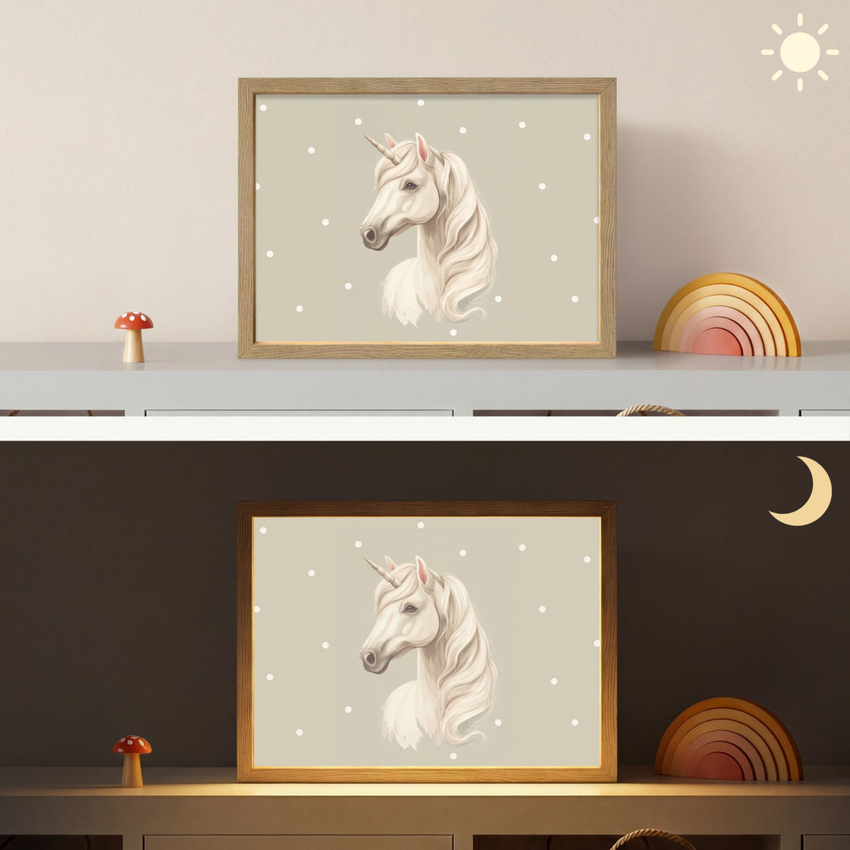 NÁSTĚNNÁ LAMPA S AKUMULÁTOREM Jednorožec - bílý - tečky 40x30 cm - šedohnědá, kompozitní dřevo (40/30/8cm) - OnlyWow