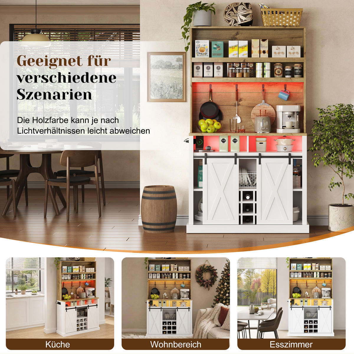 BUFFET DE-38714 110/40/191 cm LED-Beleuchtung und Steckdose Weiß - Weiß, Holzwerkstoff (110/191/40cm) - ComfortXL