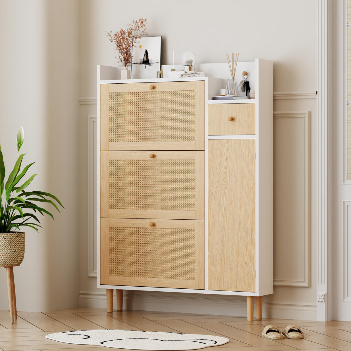 SCHUHSCHRANK Rattanoptik Weiß mit 3 Klappen, Schublade und Massivholzbeinen - Naturfarben, Holz (90/125/17cm) - PARAFTA HOME