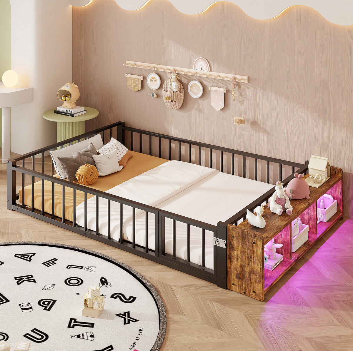 KINDERBETT 140/200 cm schwarz aus Metall und MDF mit Stauraum und LED - Schwarz, Holzwerkstoff (140/200cm) - OKWISH