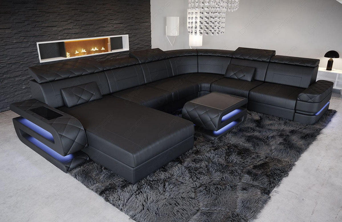 WOHNLANDSCHAFT Bologna Schwarz Echtleder - Schwarz, Leder (397/89/299cm)