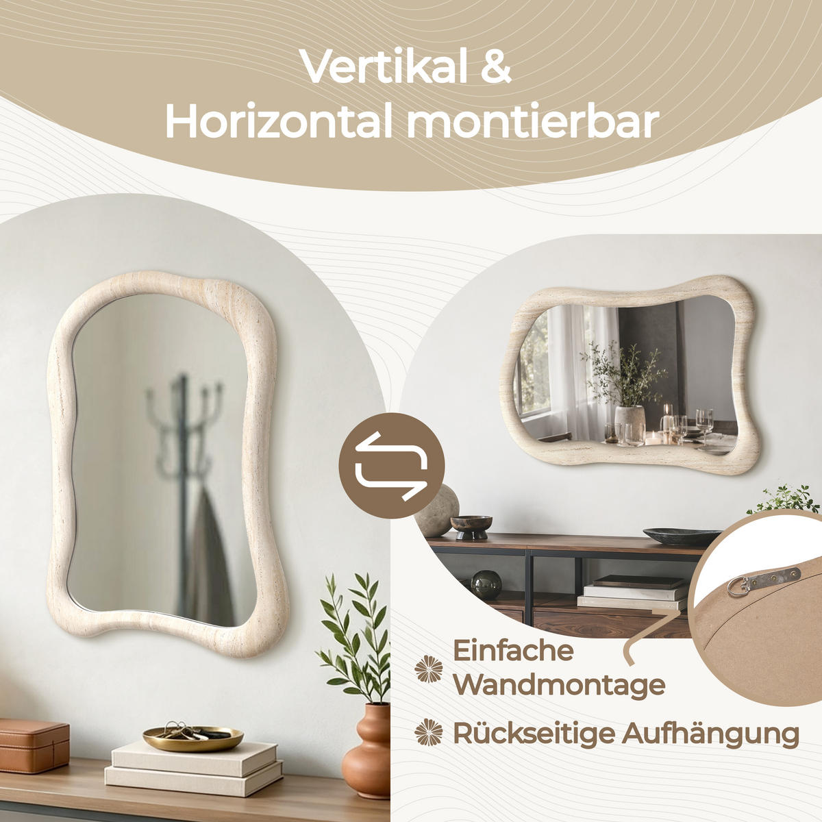 SPIEGEL unregelmäßig Rechteckig mit Holzrahmen 70×50 cm - Beige, Glas/Holz (50/3.6/70.5cm)
