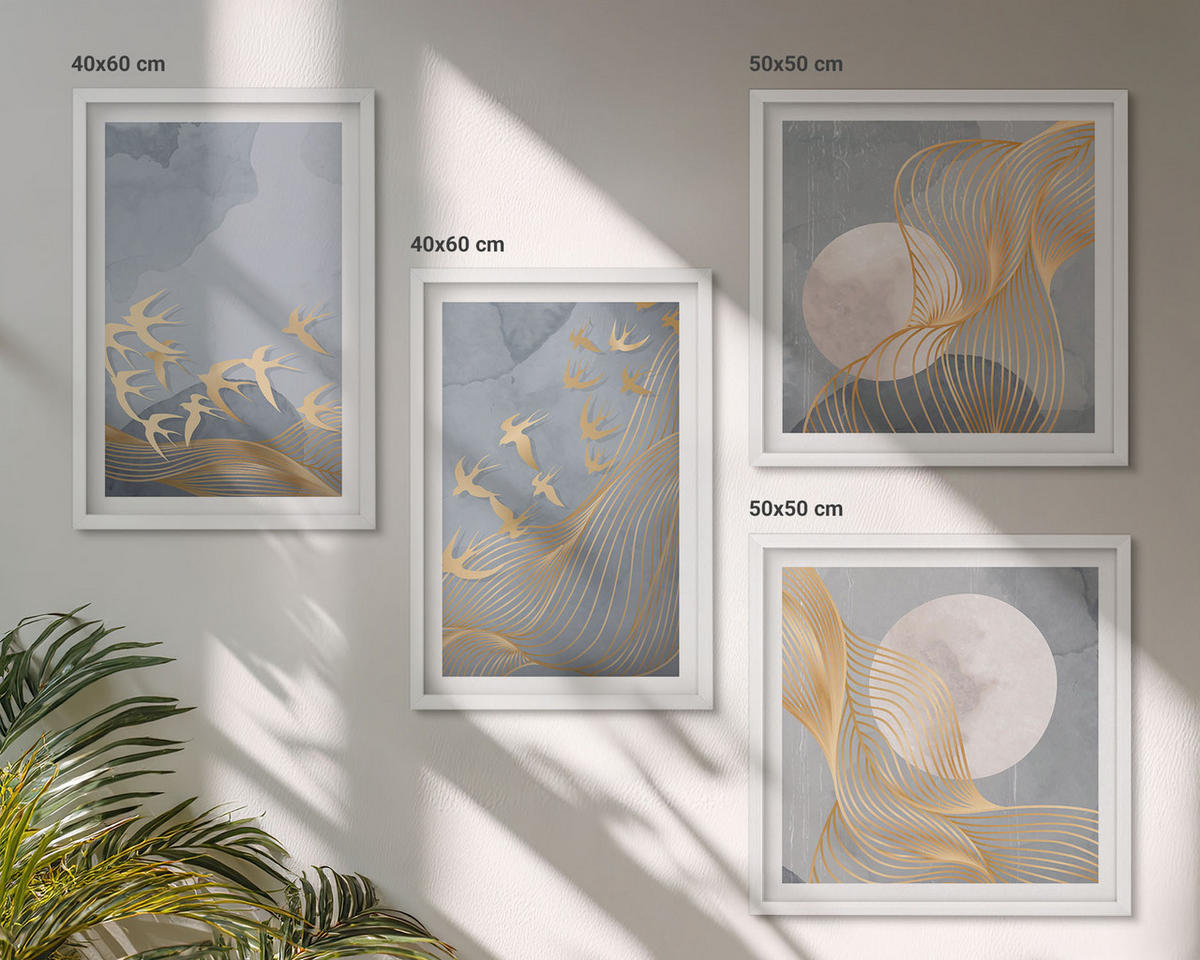 BILDER SET 4er Set - 50x50 cm & 40x60 cm Weißer Rahmen - Vögel im Flug, Himmel, Mond - Weiß, Kunststoff (50/50cm) - TULUP