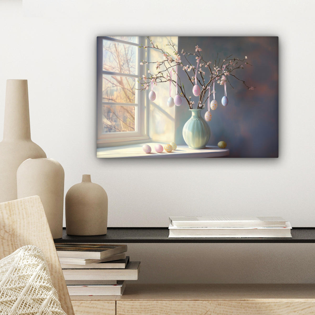 LEINWANDBILD Stillleben - Vase - Osterzweig Deko Schlafzimmer 30x20 cm - Hellblau, Textil (30/20cm) - MuchoWow