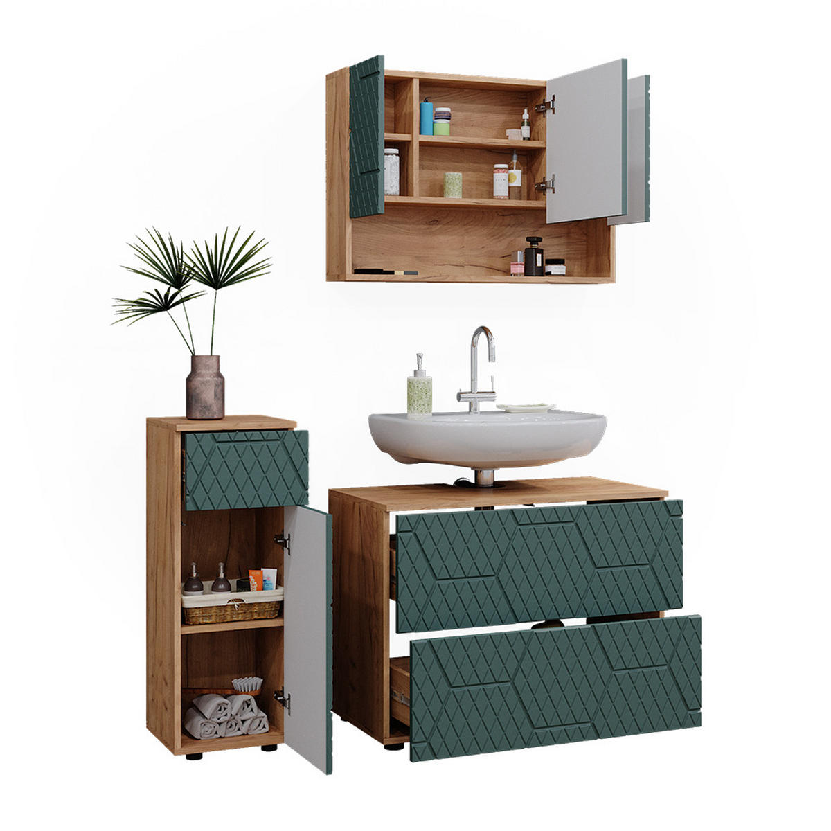 BADMÖBEL-SET Irma Grün 3 Teile, mit Schubladenschrank und Midischrank - Eiche Wotan/Grün, Holzwerkstoff (80/58.6/41cm) - Vicco