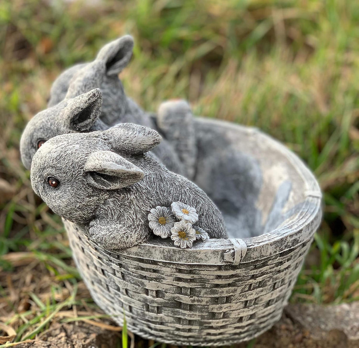 STEINFIGUR 3 Hasen im Korb bepflanzbar frostfest massiv - Grau, Stein (22/17/22cm) - stoneandstyle