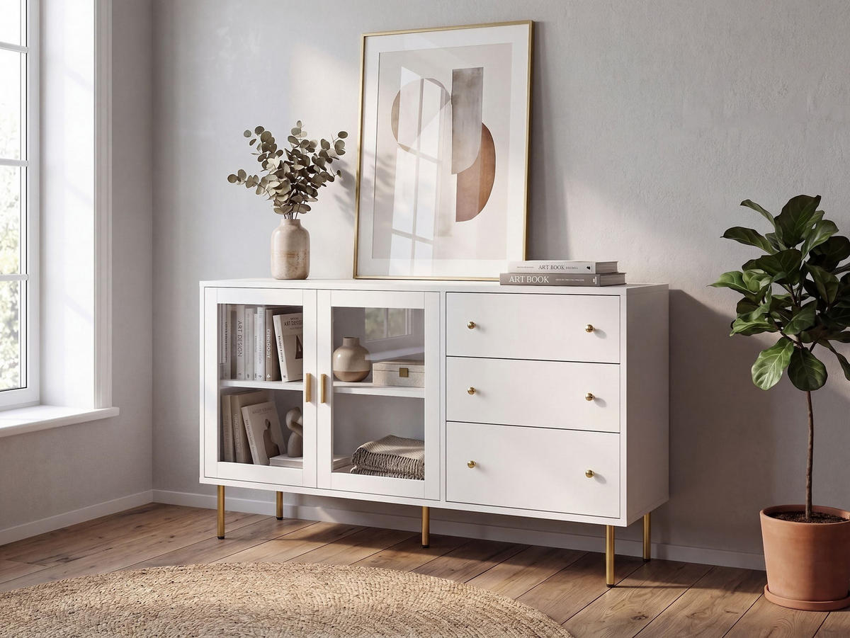 SIDEBOARD mit Glastüren 160 cm Weiß Milora - Weiß, Holzwerkstoff (160/80/40cm) - Beliani