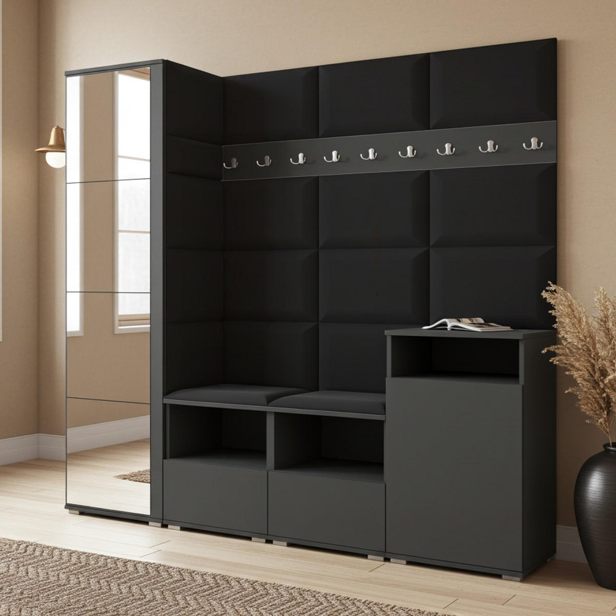 GARDEROBE NELA X 200 cm (Modulare Flurmöbel Graphit mit Spiegel & Sitzpolster Schwarz 16 Schrank + Sideboard) - Silberfarben/Schwarz, Holz/Holzwerkstoff (200/187/40cm) - Ravio