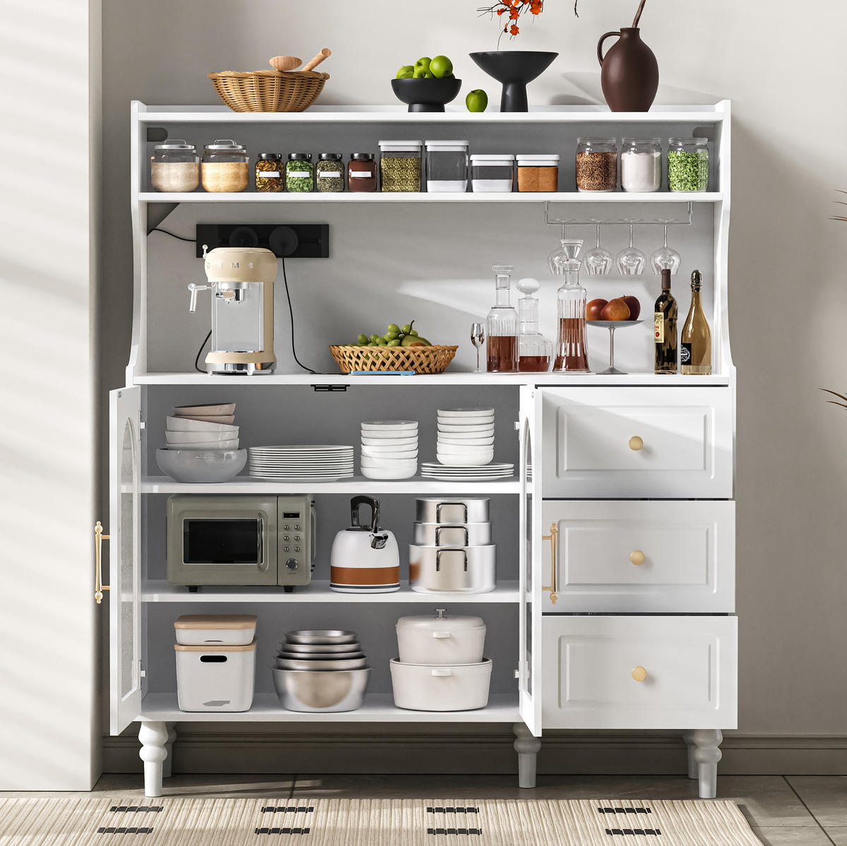 BUFFET 120x40x138.5 cm Weiß mit Fluted Glas & Ladestation - Weiß, Holzwerkstoff (120/138.5/40cm) - Modfu
