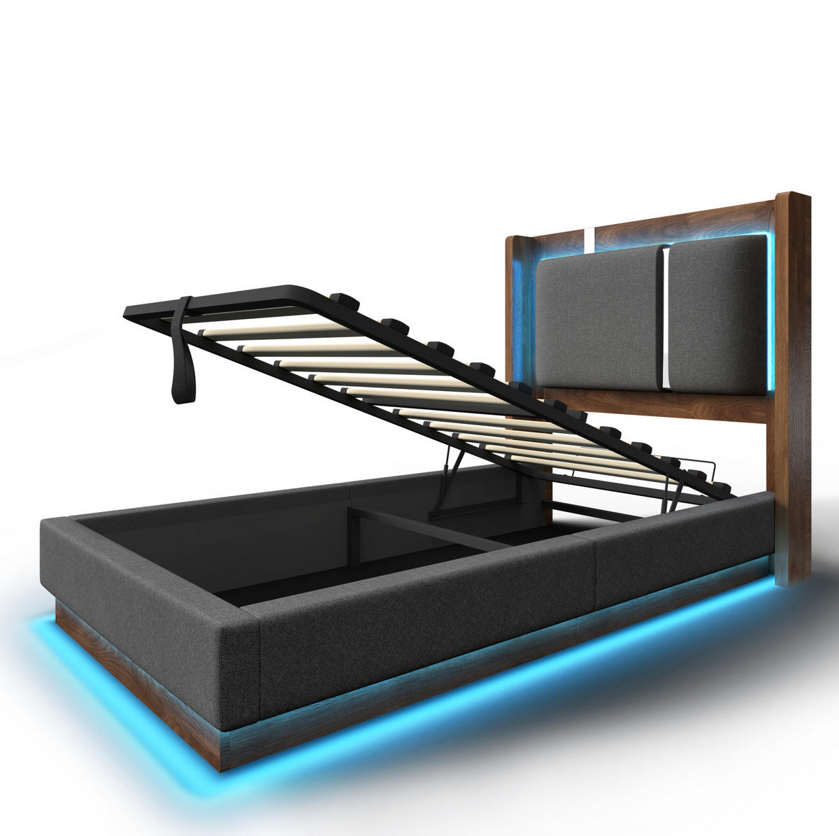 STAURAUMBETT 90/200 cm mit LED, Hydraulik und Bettkasten ohne Matratze - Grau, Textil (90/200cm) - MIVRAY