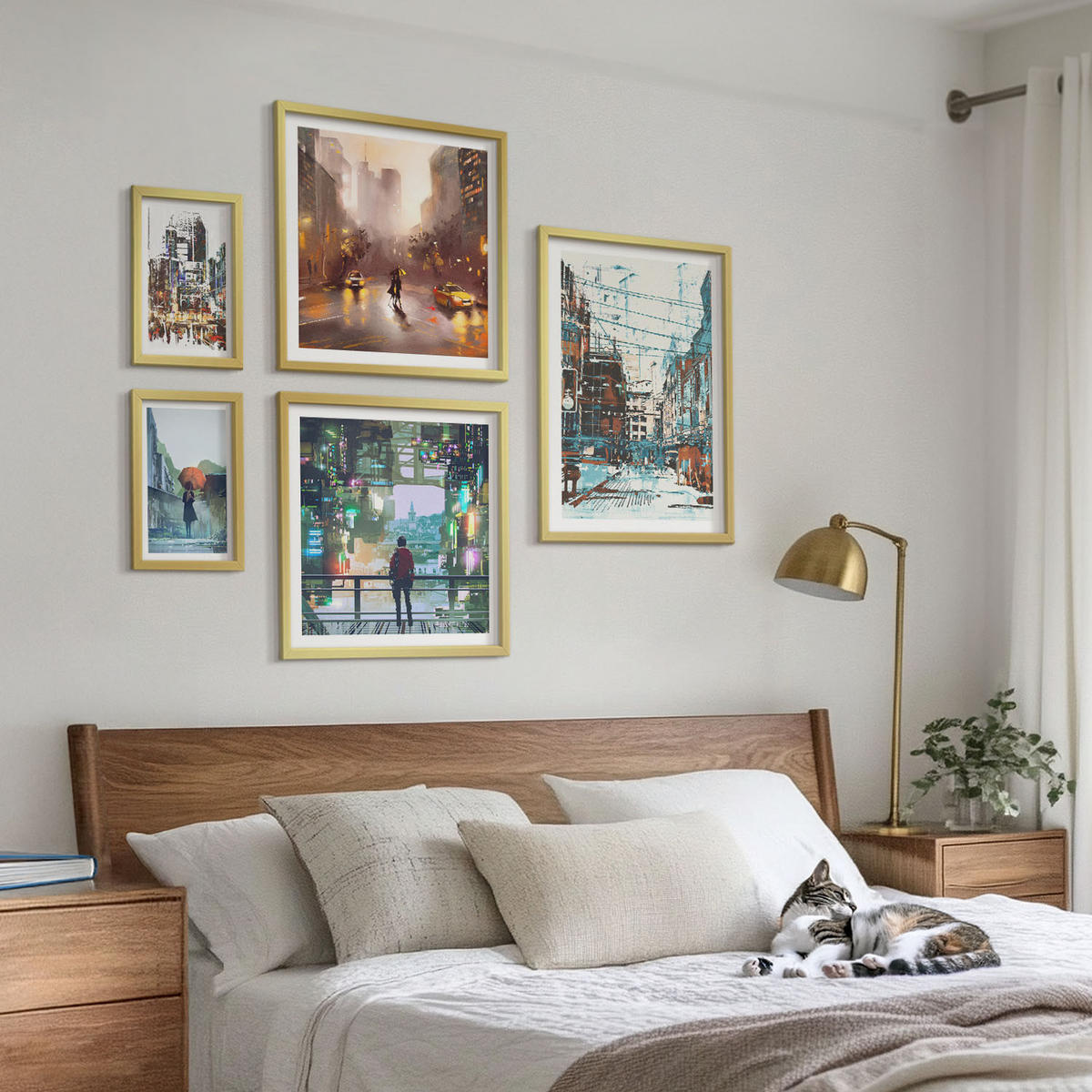 BILDER SET 5er Set - 50x50 cm & 20x30 cm & 40x60 cm Goldrahmen - Moderne, farbenfrohe Städte mit Charakteren - Goldfarben, Kunststoff (40/60cm) - TULUP