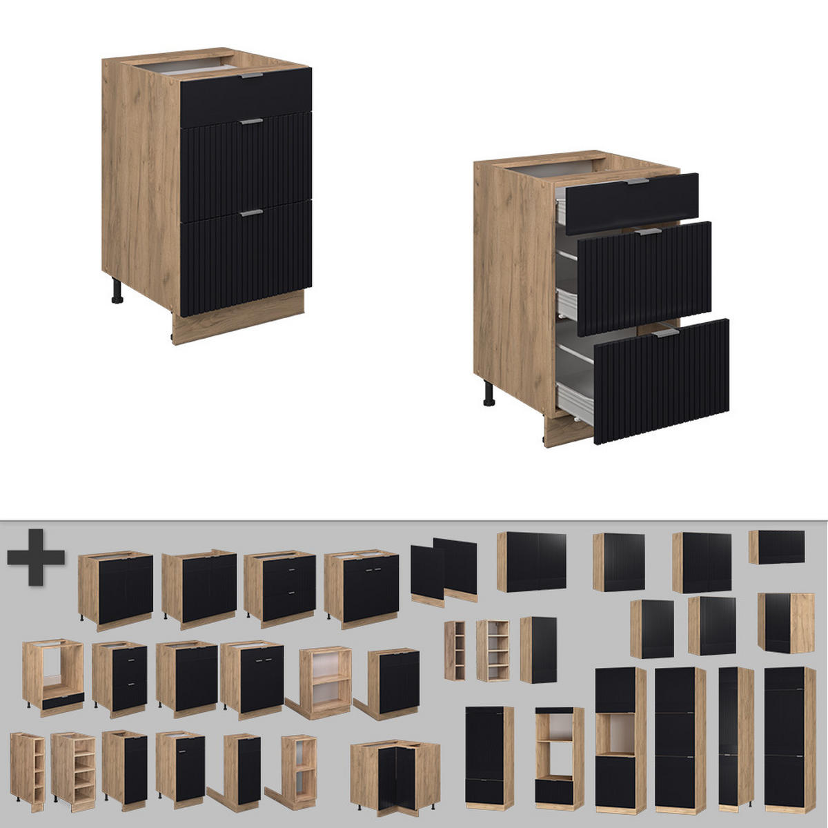 KÜCHENUNTERSCHRANK Fame-Line, Schwarz gestreift, 50 cm, AP Anthrazit - Eiche Wotan/Schwarz, Holzwerkstoff (50/82/60cm) - Vicco