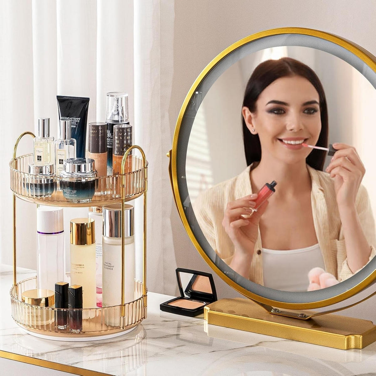 KOSMETIK-ORGANIZER, drehbar, 2-stöckig,Gold,23/23/32cm - Goldfarben, Kunststoff (23.5/10.5/23.5cm)