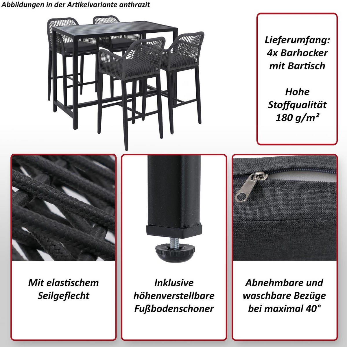 SET BARSKA MIZA + BARSKI STOLI kvadratni sivi komplet 5 kosov - siva, kovina (65/130/105cm) - MCW