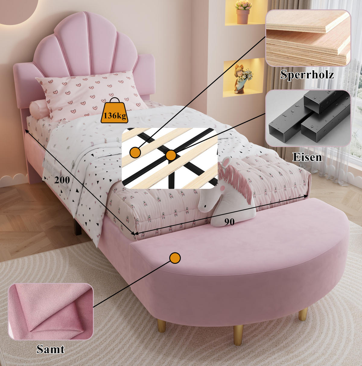POLSTERBETT aus Samt 90x200 cm Rosa mit Bettbank und gepolstertem Kopfteil - Rosa, Textil (90/200cm) - IVMEU