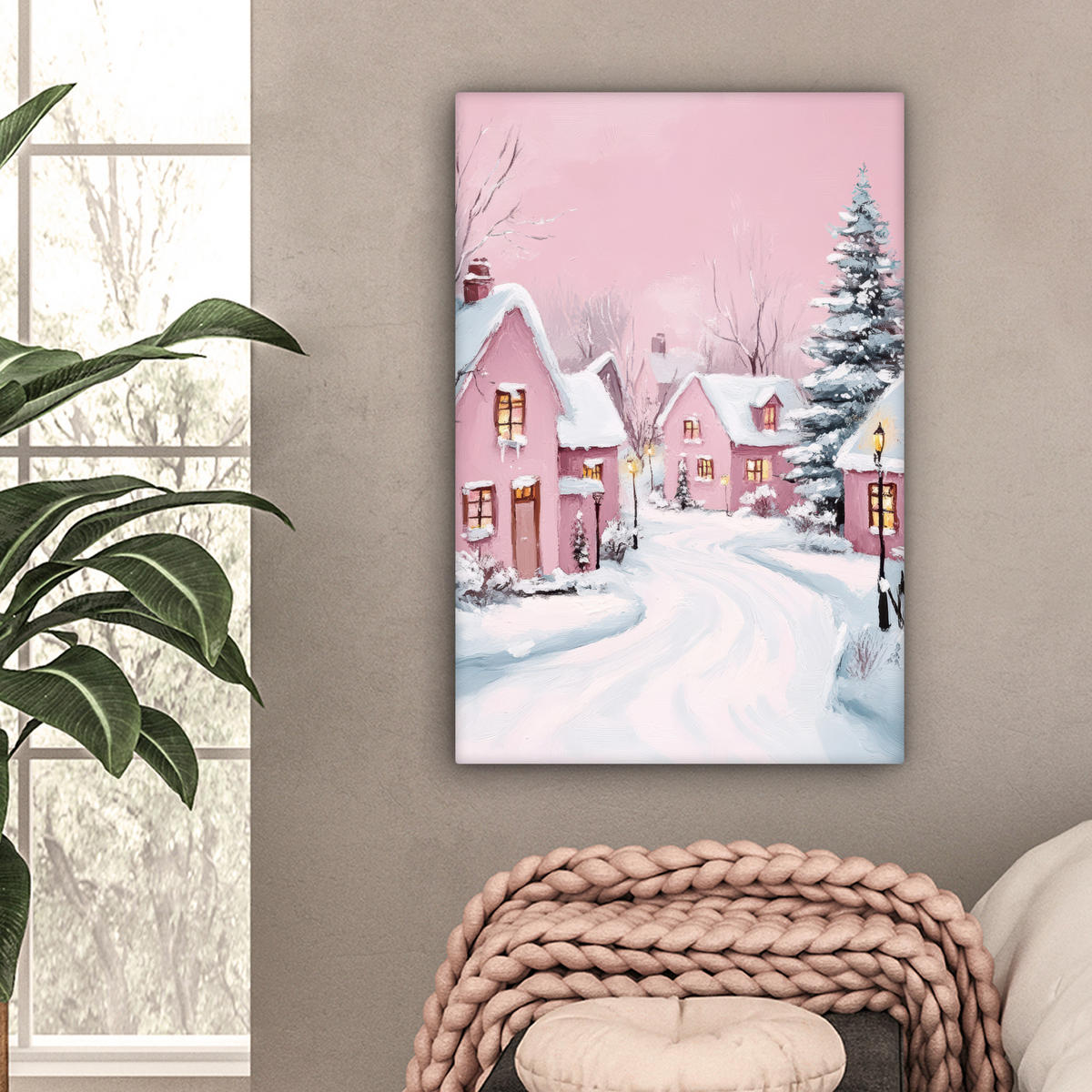 LEINWANDBILD Weihnachtsdorf - Rosa - Winter - Schnee - Häuser 40x60 cm - Altrosa, Textil (40/60cm) - MuchoWow