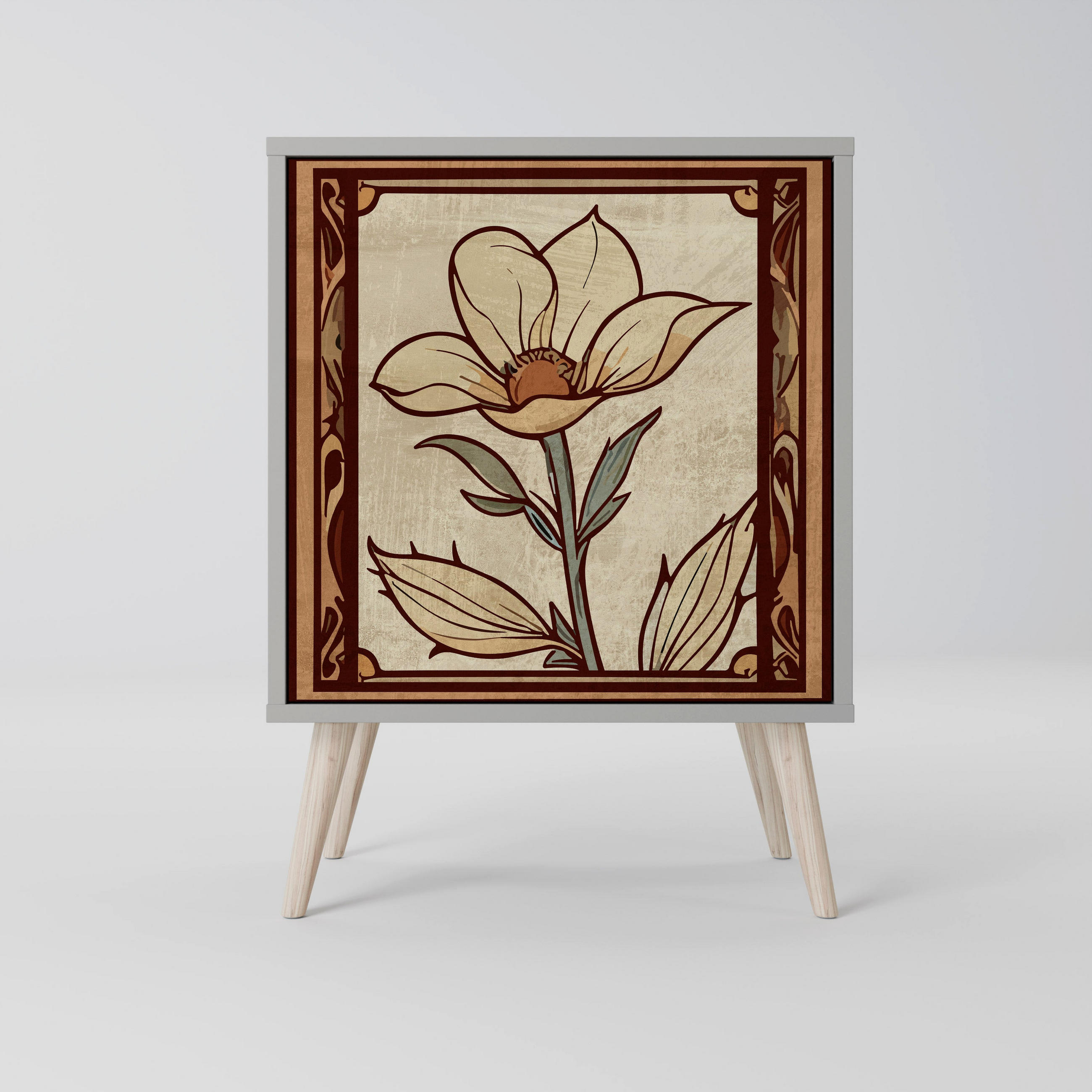 SIDEBOARD TIMELESS FLORA, Grau, 57,5x42x77,5 cm, Schräge Buchenholzfüße - Buchefarben/Multicolor, Holzwerkstoff/Buchenholz (57.5/77.5/42cm) - SpaceRebels