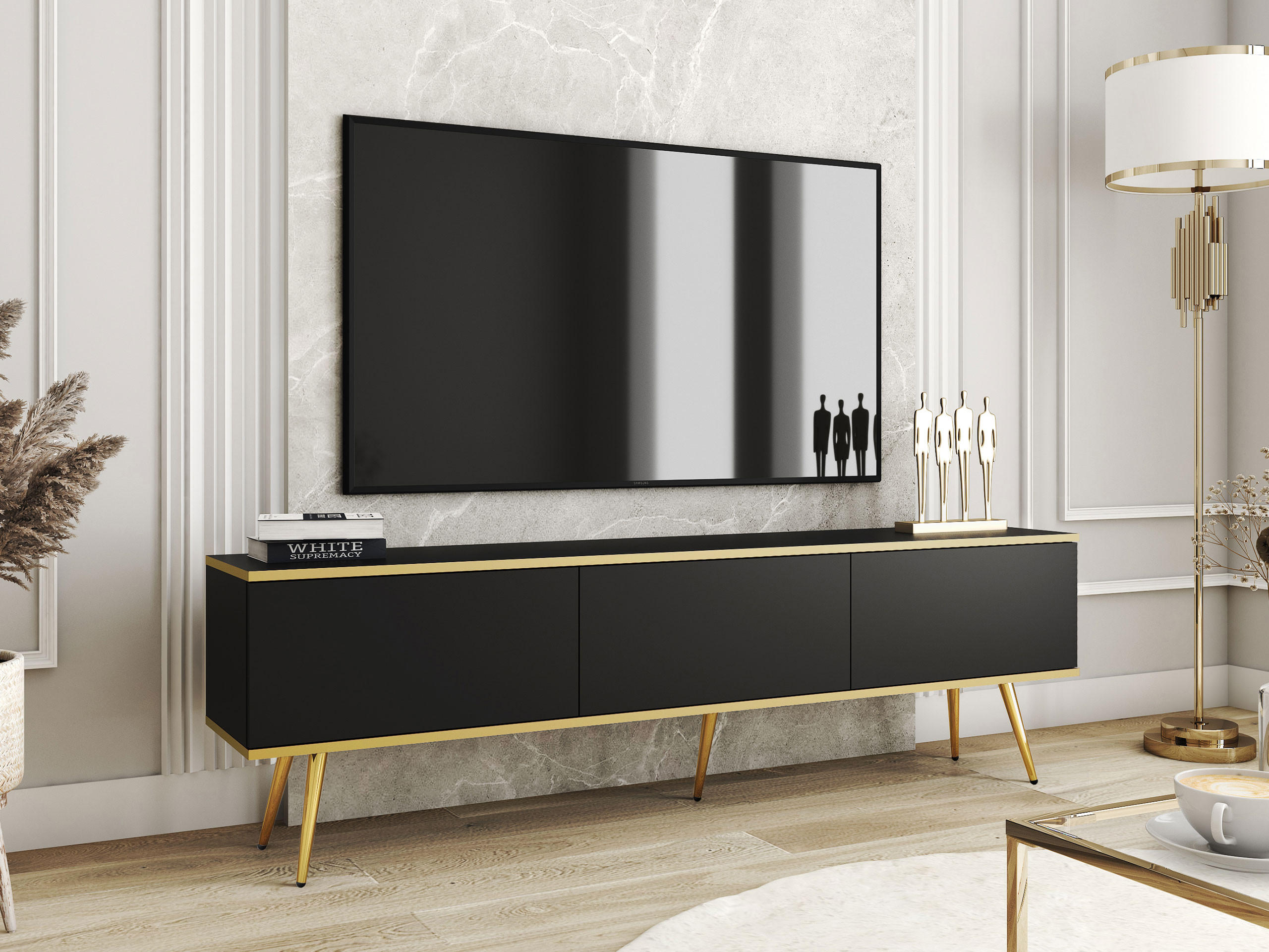 TV-LOWBOARD Oro I mit Füße - Goldfarben/Schwarz, Holzwerkstoff/Metall (175/53/32cm) - MIRJAN24