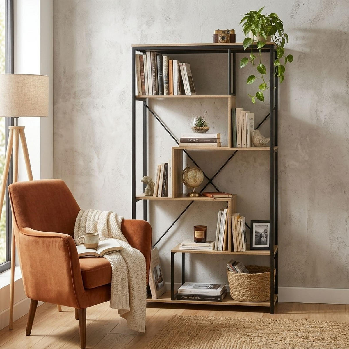 BÜCHERREGAL mit Regalen auf 6 Etagen H160 cm - Nussbaumfarben, Holzwerkstoff (34/160/38cm) - Calicosy