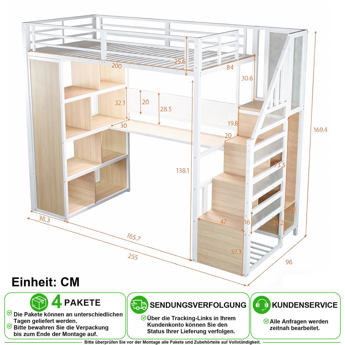 HOCHBETT 90/200 cm in Weiß mit Stauraumtreppe, Schreibtisch und LED - Weiß, Holzwerkstoff/Metall (90/200cm) - CHICFURN