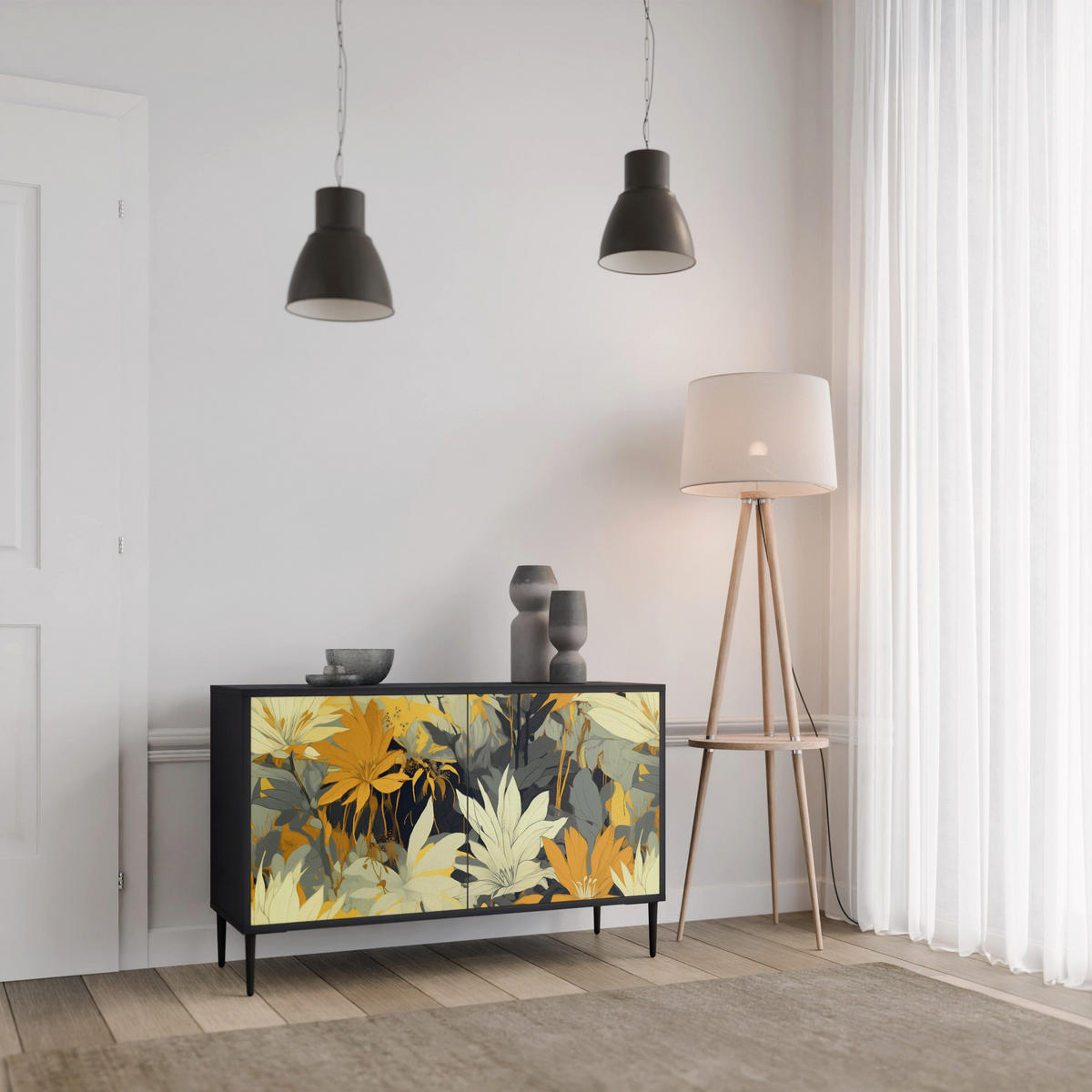 SIDEBOARD SUNKISSED LILY, Eicheneffekt, 111x42x77,5 cm, 2 Türen - Eichefarben/Buchefarben, Holzwerkstoff/Buchenholz (111/77.5/42cm) - SpaceRebels