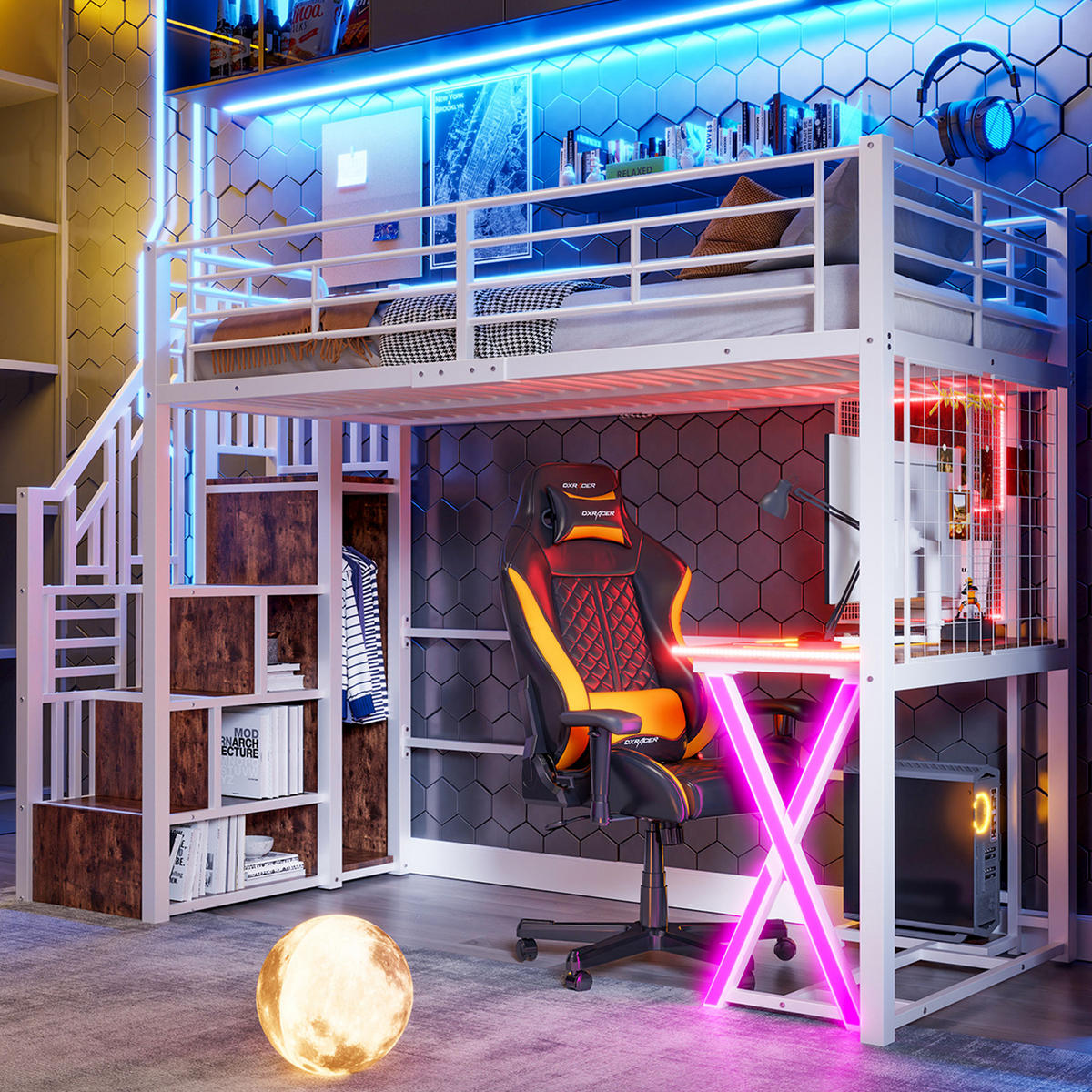 HOCHBETT 90/200 cm mit LED-Leuchten und Schreibtisch in Weiß - Weiß, Metall (90/200cm) - OKWISH