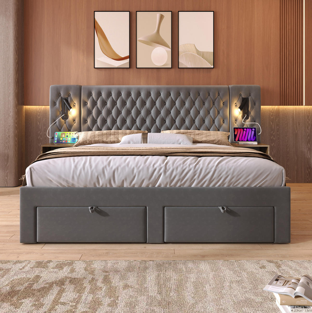 POLSTERBETT 180/200 cm Grau mit Leselicht und 4 Schubladen aus Samt - Grau, Textil (180/200cm) - OKWISH