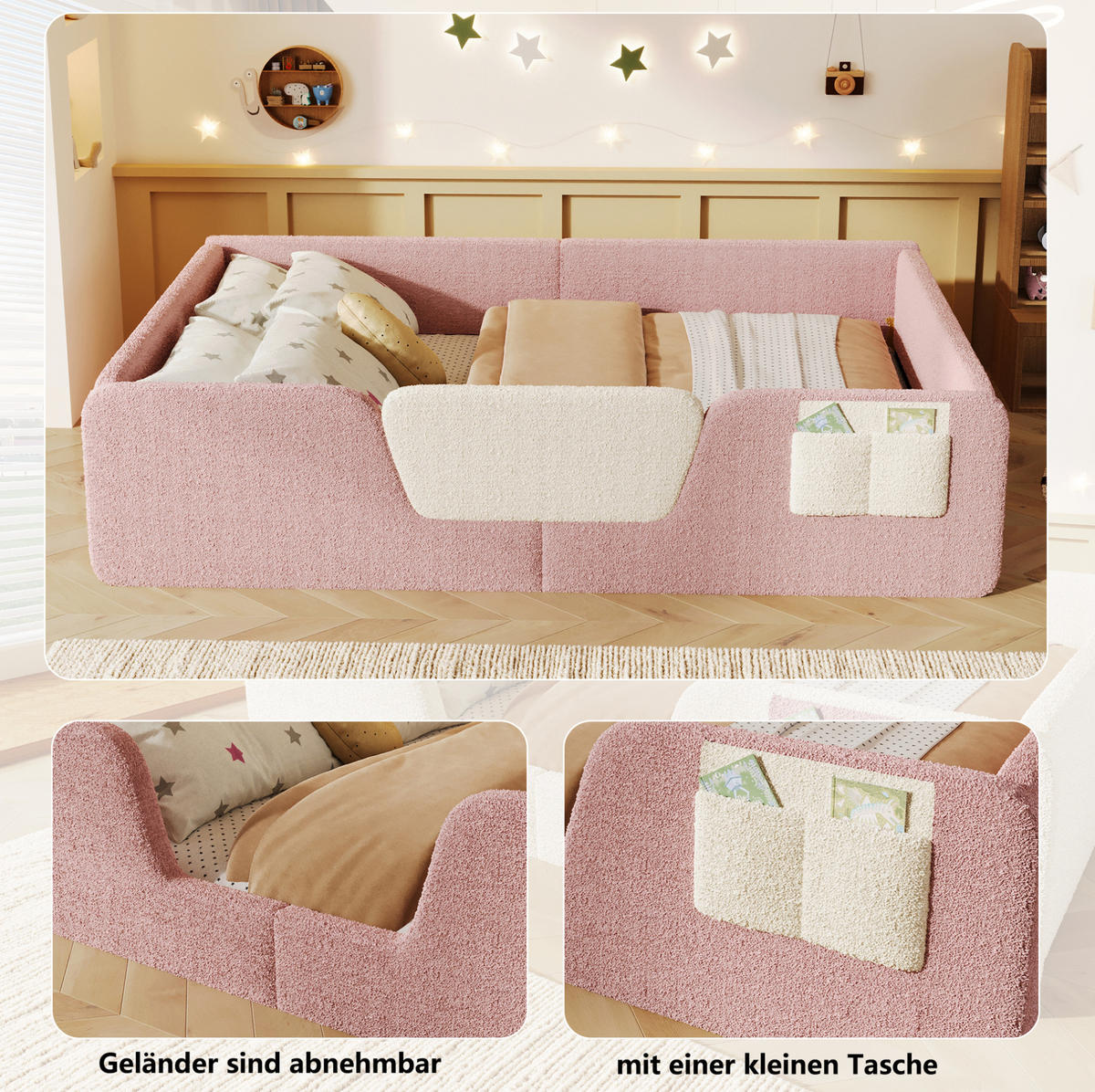 POLSTERBETT 140/190 cm mit abnehmbaren Seitengittern in Rosa - Rosa, Textil (140/190cm) - BEAOK