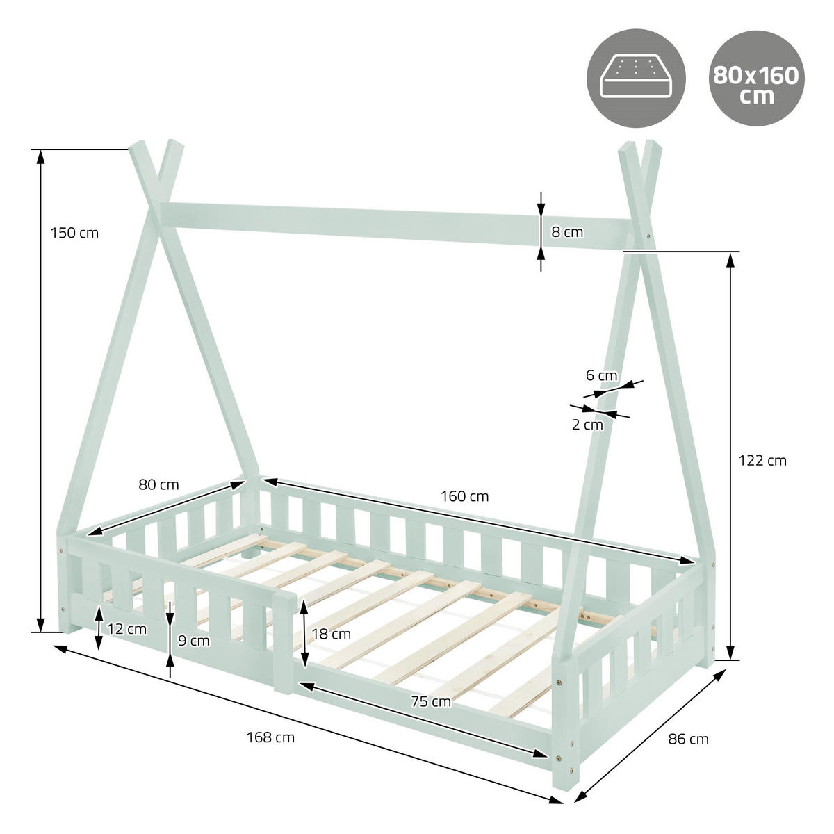 KINDERBETT Tipi 80x160 cm Mint - Mintgrün, Holz (80/160cm) - ML-DESIGN