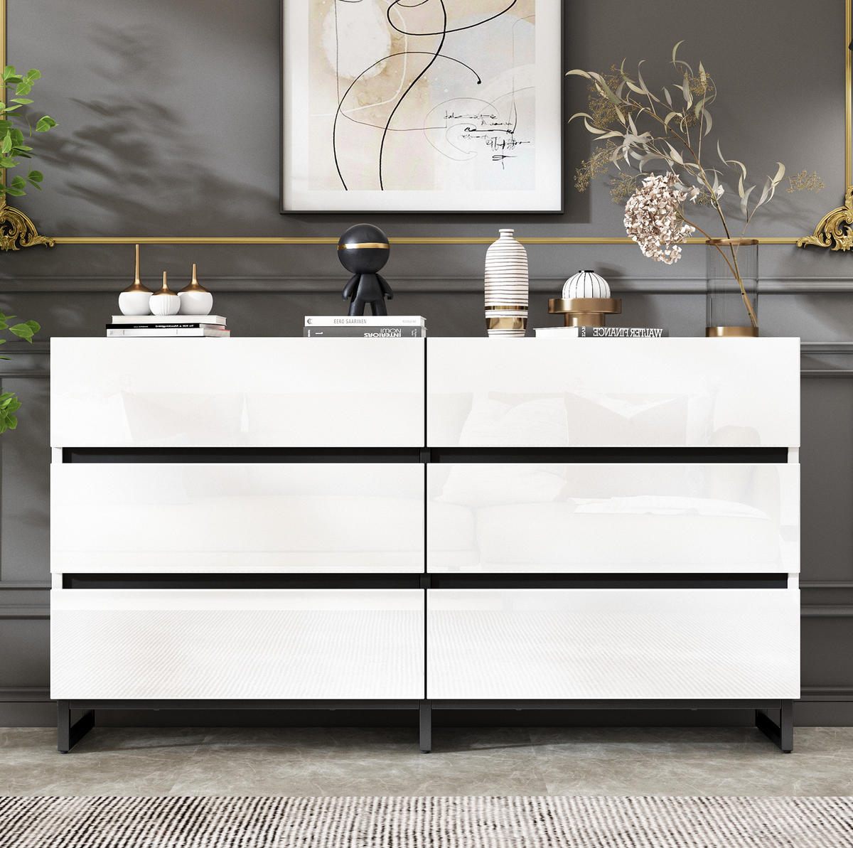 SIDEBOARD 140/39,5/78,5 cm in Weiß mit 6 Schubladen und Hochglanzfronten - Weiß, Holzwerkstoff (140/78.5/39.5cm) - Flora Grace