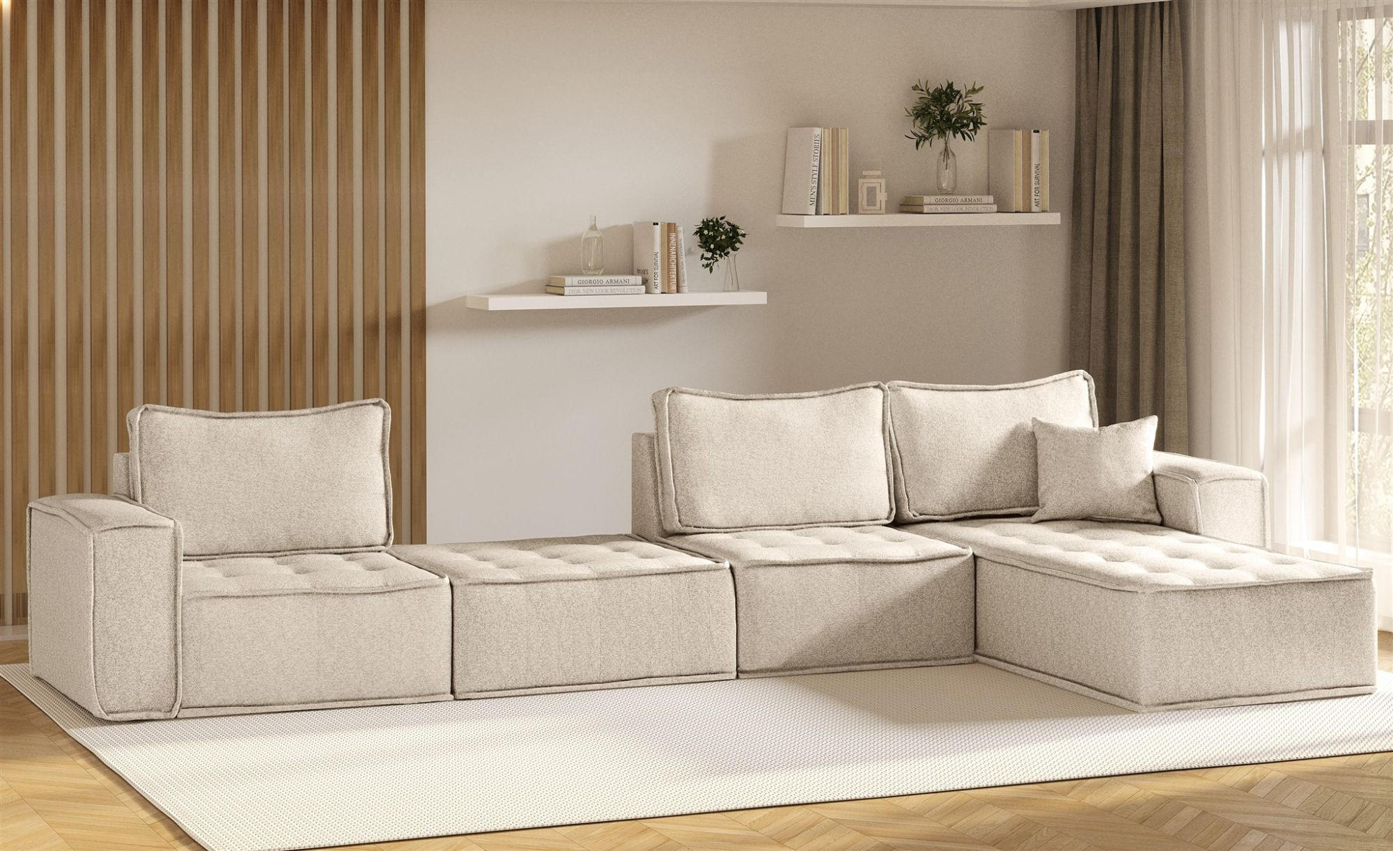 ECKSOFA Sande Xl In Raven - Creme, Holzwerkstoff/Textil (372/192cm) - Fun Möbel