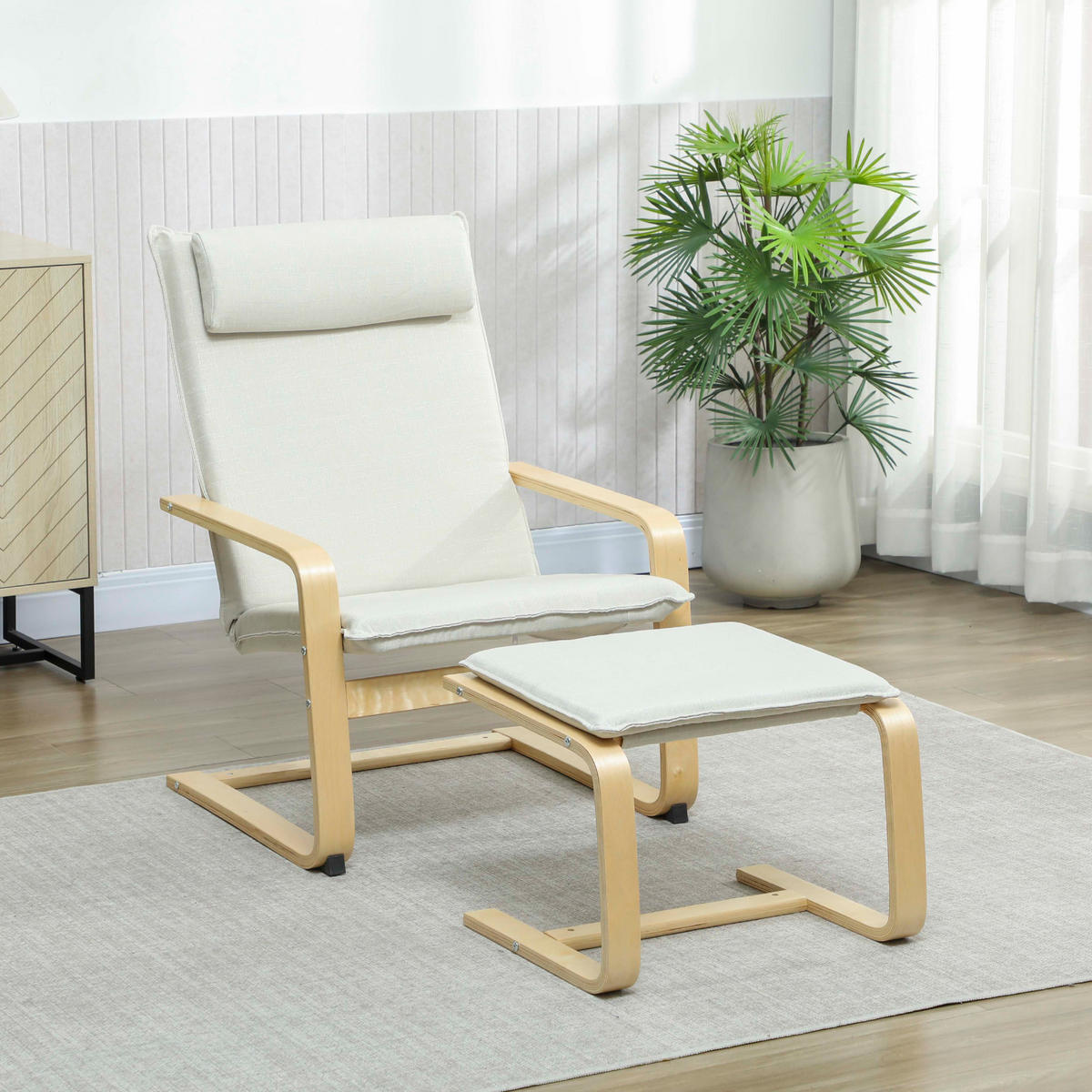 LESESESSEL hohe Rückenlehne abnehmbare Kopfstütze Holzbeine cremefarben Leinenbezug - Creme, Textil (78/92/67cm) - Vallsero