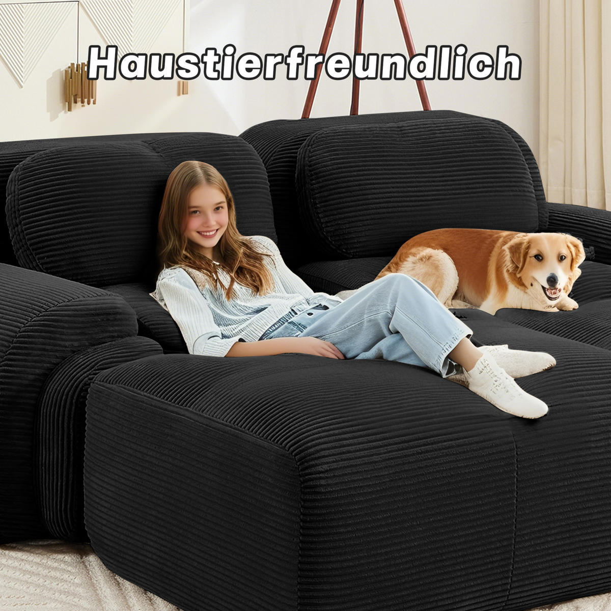ECKSOFA 298/178/70 cm schwarz aus Cordstoff modular, rahmenlos und montagefrei - Schwarz, Textil (178/298cm) - OKWISH