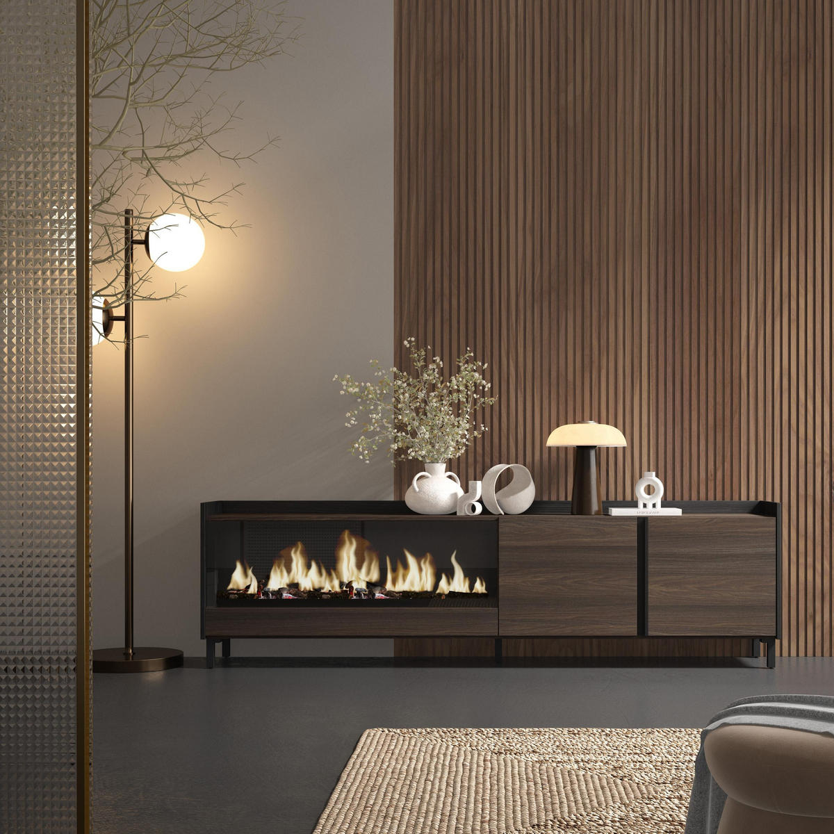 LOWBOARD, Eiche und Schwarz, 212/35/61cm, Kamin mit Feuereffekt XXL - Dunkelbraun, Holzwerkstoff (212/61/35cm) - Skraut Home