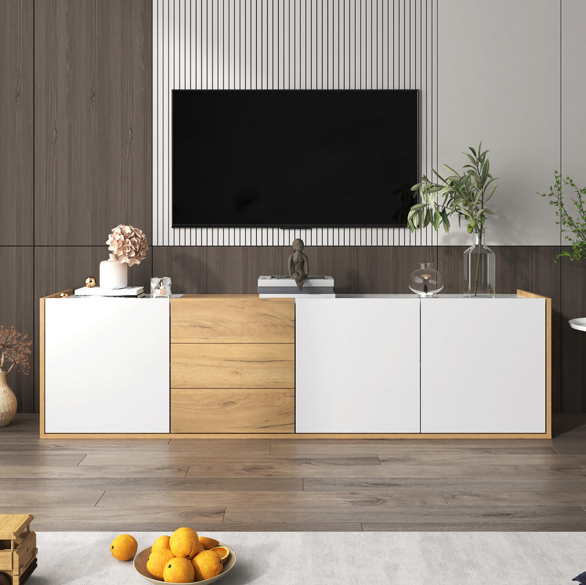TV stolek z MDF 171,5x35x47 cm bílý v dekoru dřeva se 3 dvířky, 3 zásuvkami a možností montáže na stěnu - bílá, kompozitní dřevo (171.5/47/35cm) - Modfu