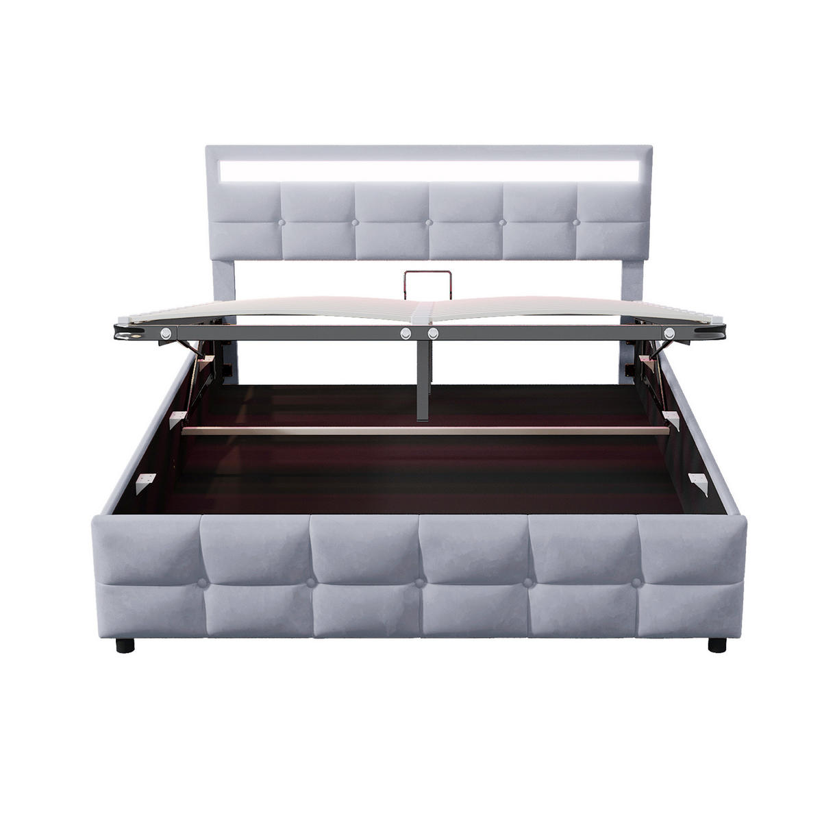POLSTERBETT 180/200 cm mit LED-Beleuchtung, Lattenrost und hydraulischem Bettkasten aus Samt, Grau - Grau, Textil (180/200cm) - Redom