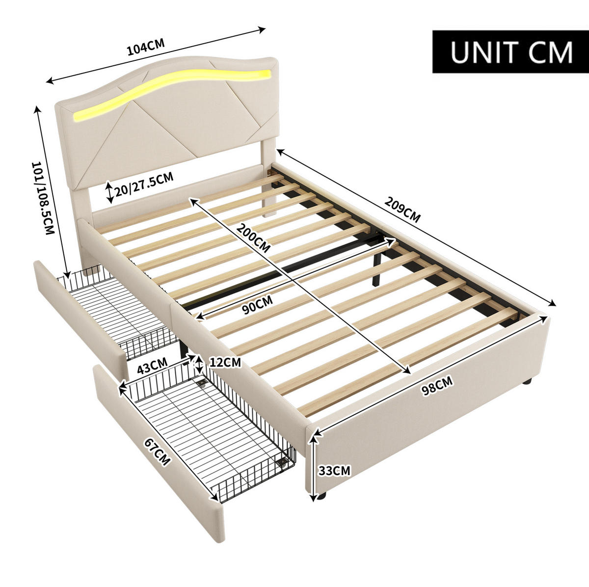BETT mit Lattenrost, LED und 2 Schubladen 90x200 cm Beige - Beige, Metall (90/200cm) - Meubliv