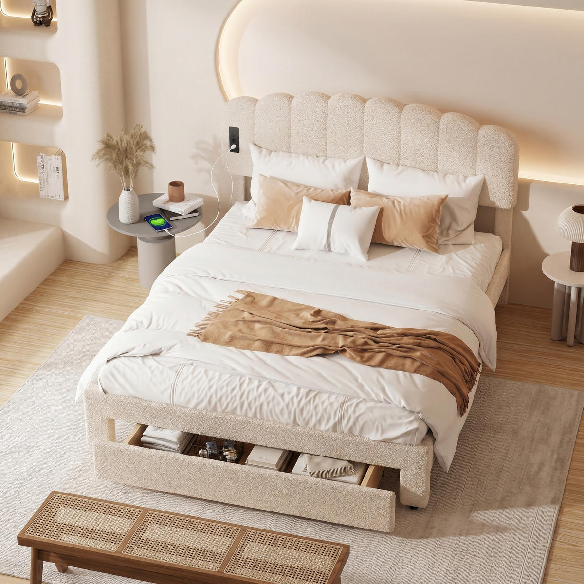 BETT 160x200 cm mit Schublade und USB-Anschluss, Kopfteil, Teddy-Velours, Beige - Beige, Holzwerkstoff/Textil (160/200cm) - WoodenAura