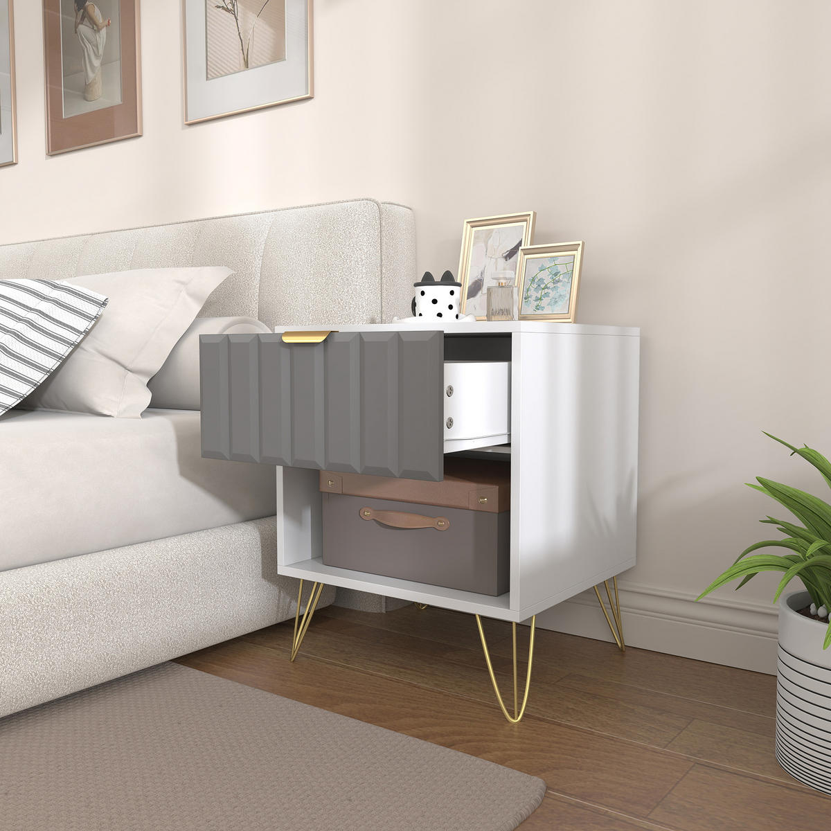NACHTSCHRANK DE-12912 Schublade und offenes Fach, Stahlfüße Weiß - Weiß, Holzwerkstoff (40/55/45cm) - ComfortXL