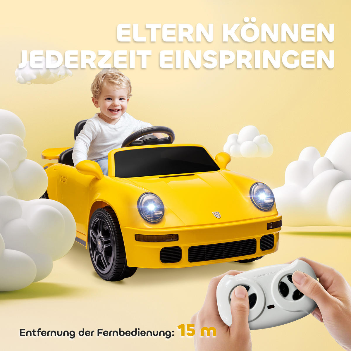 KINDER-ELEKTROAUTO 12V Kinderauto mit 2,4 GHz Fernbedienung, 2 Motor, Softstart - Gelb, Metall (103/55/44cm) - AIYAPLAY