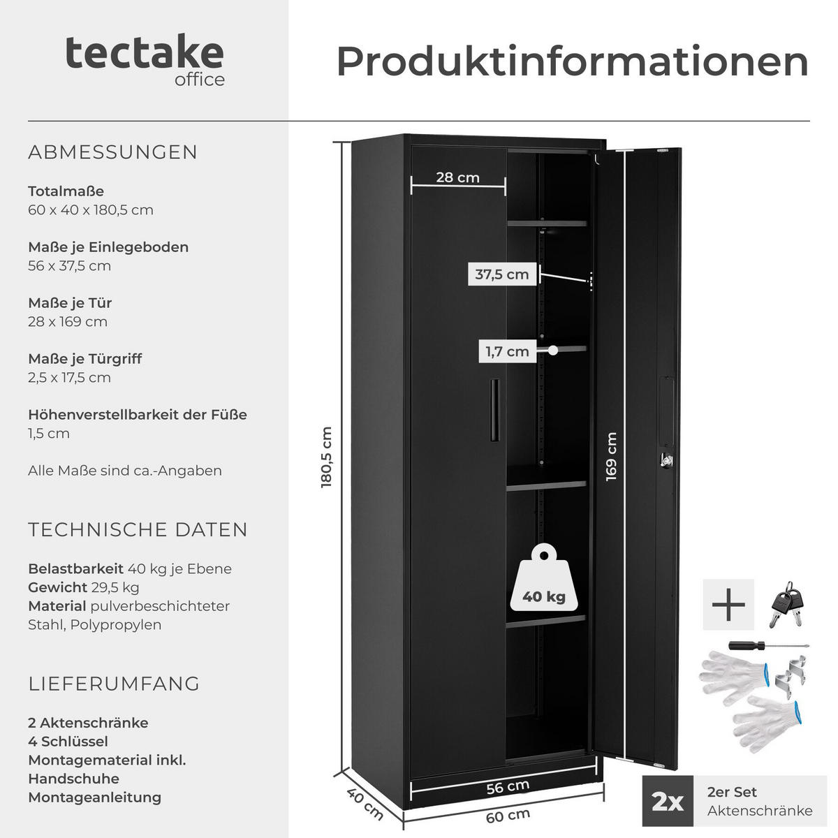 AKTENSCHRANK Brandon, Kippschutz, höhenverstellbare Füße, schwarz - Schwarz, Metall (60/180.5/40cm) - tectake