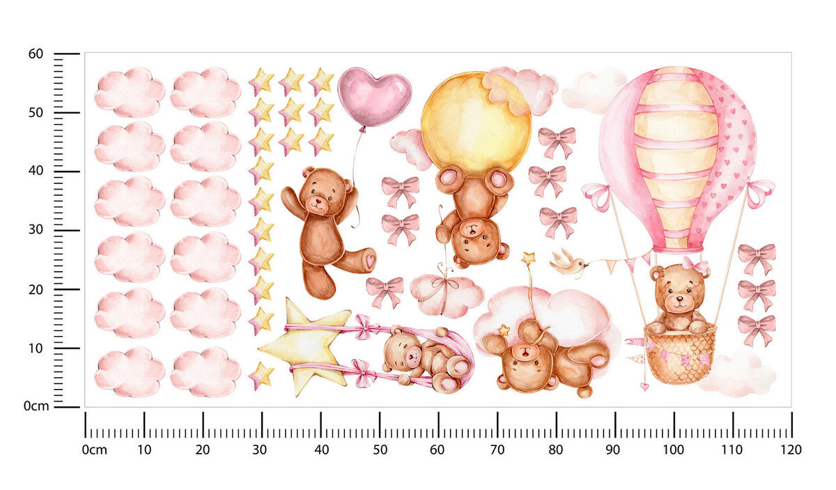 WANDSTICKER Teddybären rosa Wolken Sterne Ballons 120x60 - Gelb/Beige, Papier (120/60/1cm) - Muralo